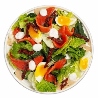 Салат с лососем и вялеными томатами с орехово-кунжутным соусом